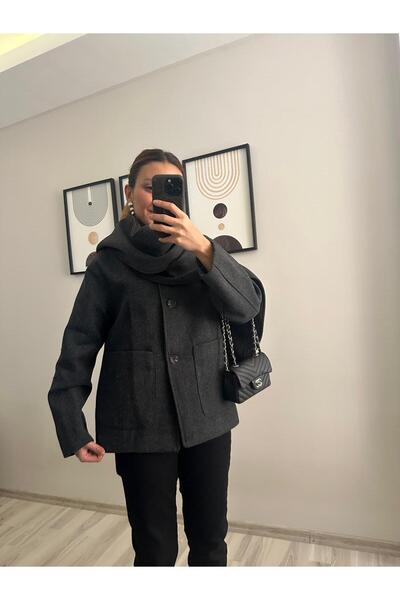 TB Butik Anthracite Short Cashmere Coat with Detachable Wide Scarf