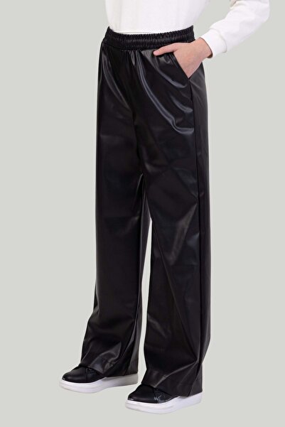ww waka waka kids store Children's Black Leather-Look Wide Leg Trousers
