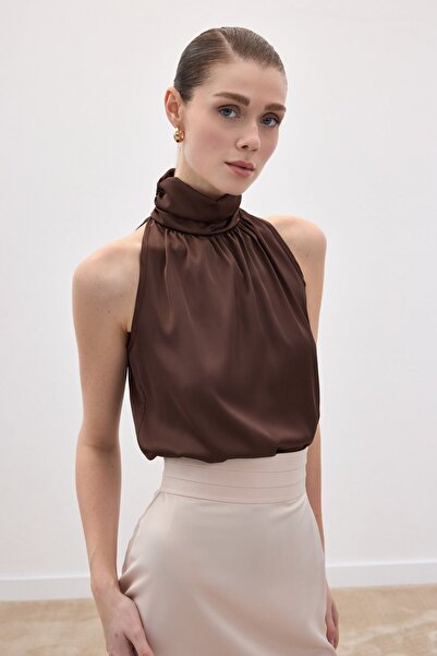 Sateen High Neck Sleeveless Blouse - Brown