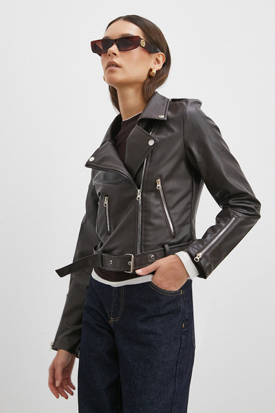 Never more Beli Belted Zippered Leather Jacket Brown