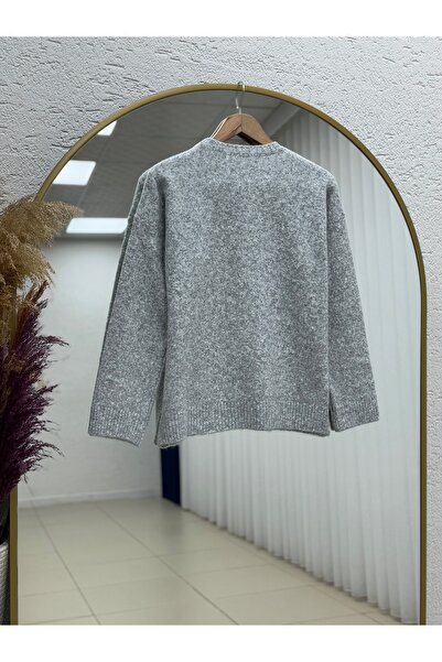 MİHRA STORE Πουλόβερ κοντό πλεκτό με ελαστικό στα χέρια και στο κάτω μέρος Camelia-KR5054 Γκρι