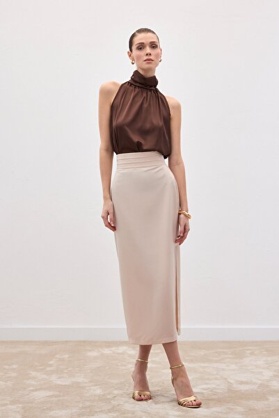 Sateen Satin Skirt with Pleated Detail - Beige