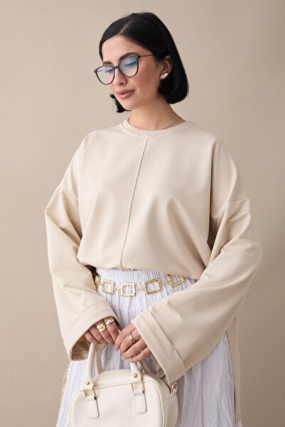 InStyle Oversized Beige Sweatshirt with Folded Sleeves