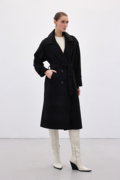 Sateen Tie-Waist Long Coat - Black