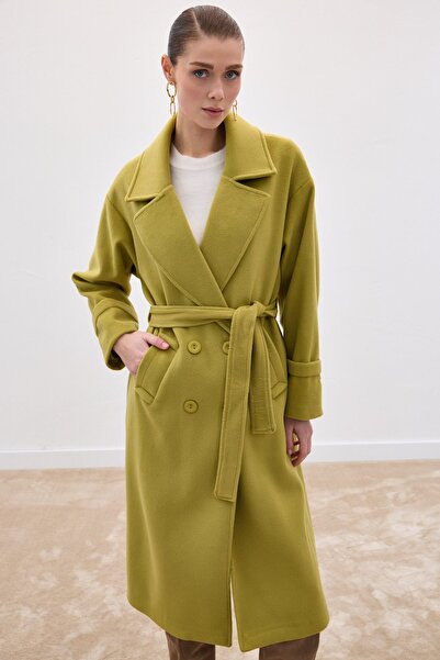 Sateen Tie-Waist Long Coat - Oil Green