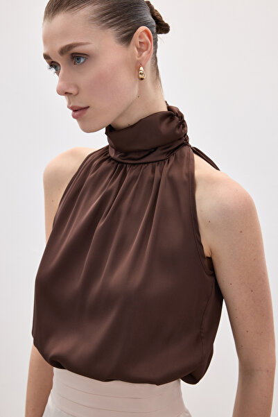 Sateen High Neck Sleeveless Blouse - Brown