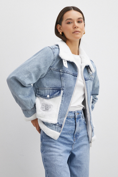 Never more White Belt Detailed Fur Denim Coat Blue