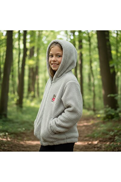 FESSHERA KİDS Girl's Coat Fleece-Lined Plush Hooded Coat Zippered Soft Teddy Bear Embroidered Fleece Coat