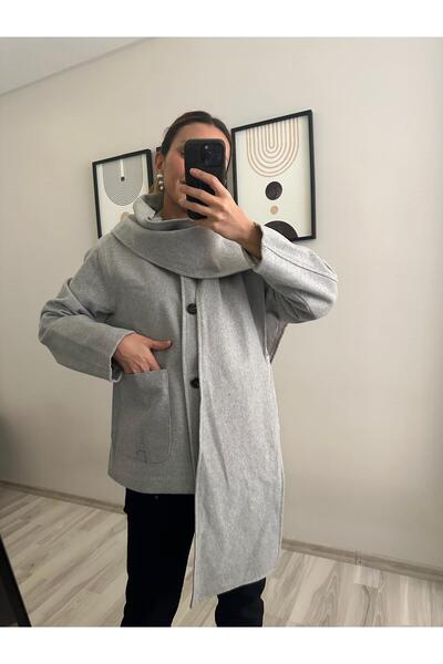 TB Butik Gray Short Cashmere Coat with Detachable Wide Shawl