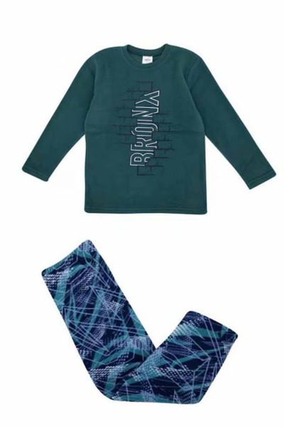 FREENİGHT Men's Polar pajamas with long sleeves and long pants, green color