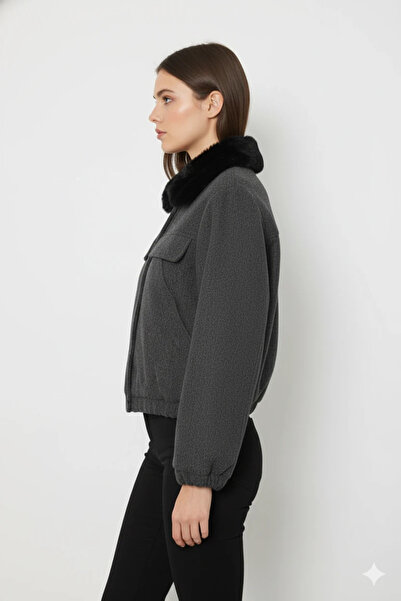 cemo Buttoned Short Faux Leather Jacket with Lamb Fur Collar