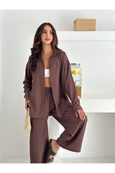 bobitex طقم قميص من قماش الفراولة واسع الساقين مع حزام مطاطي عند الخصر