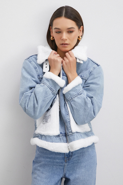 Never more White Belt Detailed Fur Denim Coat Blue
