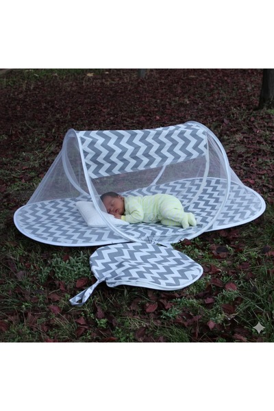 SerSev Çantalı Katlanabilir Bebek Cibinlik Gölgelik 60x120 cm Gri Zigzag Dese...