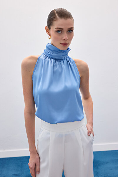 Sateen Bluză fără mâneci cu gât înalt - Albastru