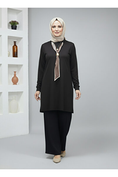 nacar çarşı Tunica neagra oversize pentru femei, cu detaliu eșarfă