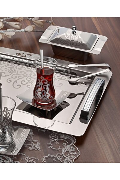 Arsel Motif Desenli Saten Tepsili Kulplu 40 Parça Çay Seti 304 Kalite Premium Şık