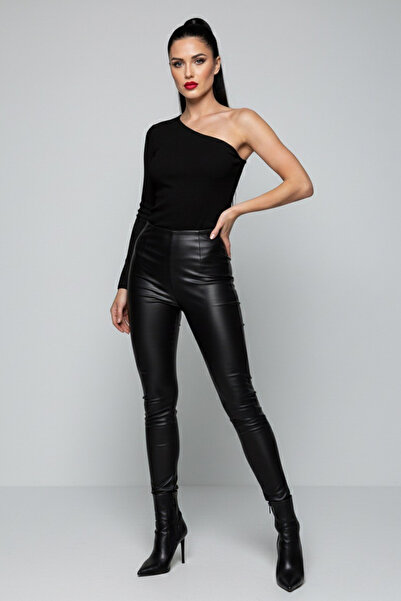 Giyimodam Black One Shoulder Long Sleeve Ribbed Knit Women's Blouse