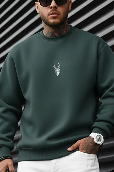 Millionaire Ανδρικό φούτερ ανοιχτό πράσινο βενζινοχρώματος Geyik Soft 3-Thread in-Shape επένδυση fleece 0 Crew Neck O oversized Casual φούτερ