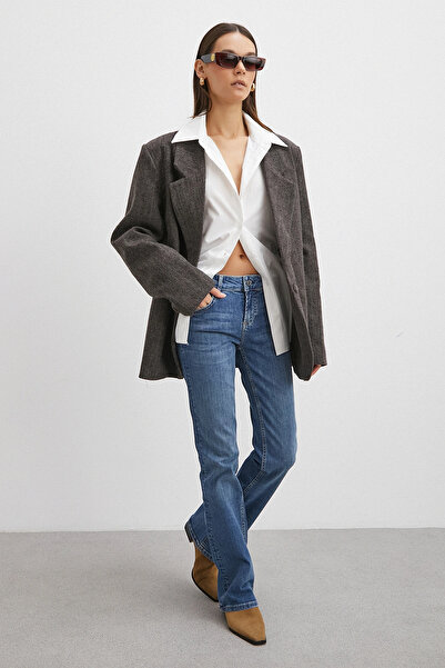 Never more Mid Waist Stretch Fabric Flared Jean Blue