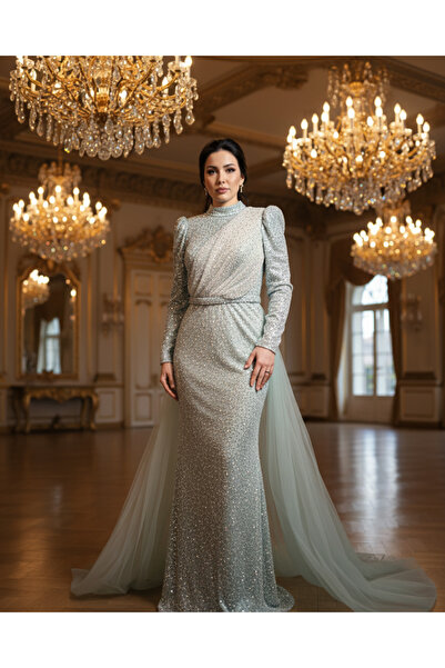 MODA SU YEŞİLİ PUL PAYETLİ TESETTÜR ABİYE ELBİSE