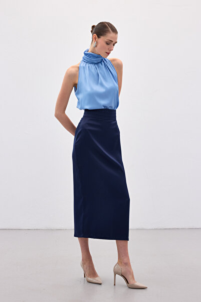 Sateen Satin Skirt with Pleated Detail - Navy Blue
