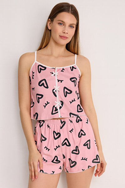 PEMBİŞ HOMEWEAR Pembe Siyah Kalp Detaylı Şort Takımı