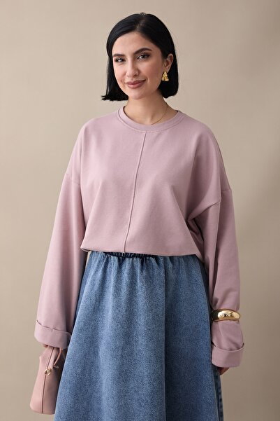 InStyle Oversized Dusty Rose Sweatshirt with Folded Sleeves