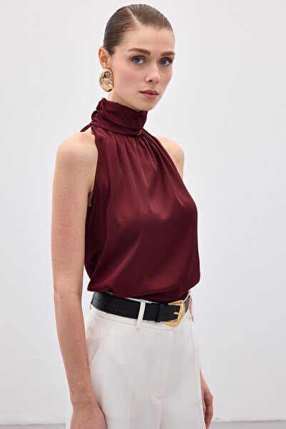 Sateen High Neck Sleeveless Blouse - Burgundy