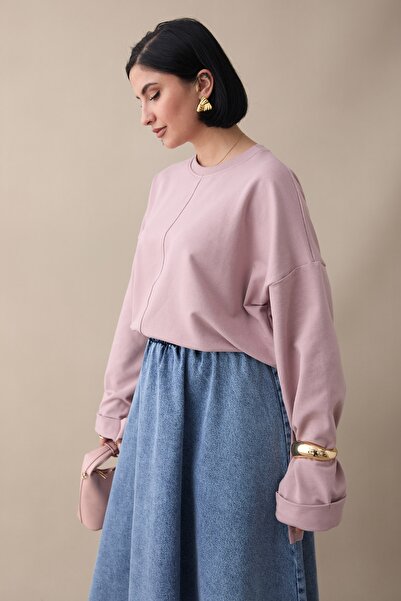 InStyle Oversized Dusty Rose Sweatshirt with Folded Sleeves