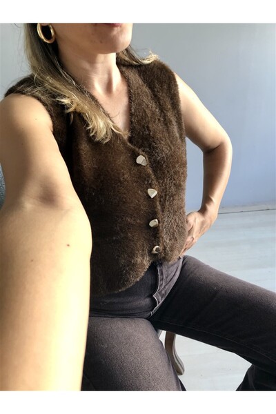 Gözde Tasarım Butik Women's V-Neck Buttoned Bitter Brown Soft Knitted Tricot Vest