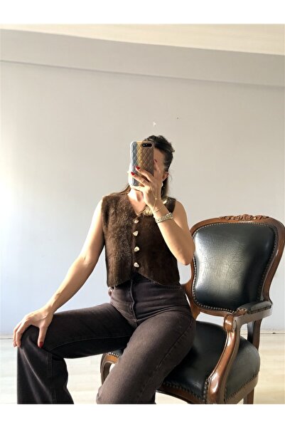 Gözde Tasarım Butik Women's V-Neck Buttoned Bitter Brown Soft Knitted Tricot Vest