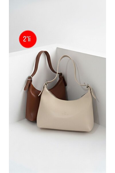 FREE MARKA حقيبة كتف وحقيبة يد نسائية - طقم من قطعتين بلون بني-بيج