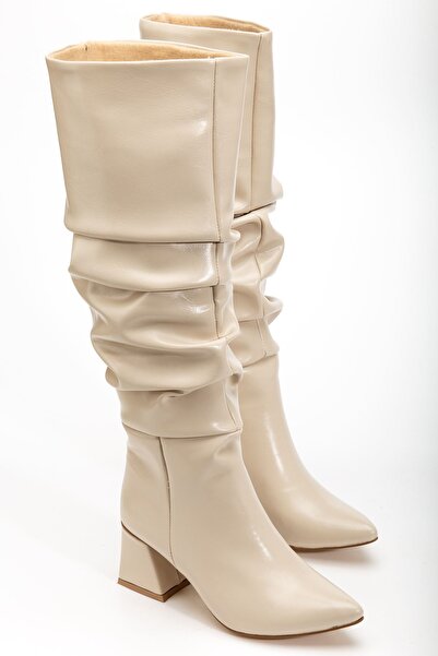 Budi Syt-2002 Beige Wrinkled Patent Leather Bellows Thick Heeled Casual Boots