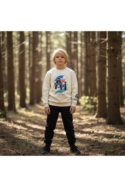 FESSHERA KİDS Boy's Tracksuit Set |   Printed Sweatshirt and Black Jogger Bottom |   Cotton Winter Set