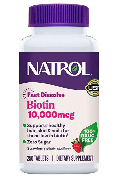 Natrol Biotin 10000 mcg, Strawberry Flavor, Fast Dissolve Tablets, Extra Strength, 250 Count