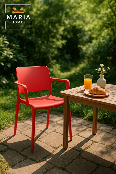 MARIA HOMES Bright Red Plastic Armchair – Modern Stackable Outdoor & Indoor Chair with Open Lower Back