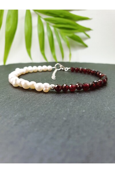 Abundo Cultured pearl and garnet bracelet with 925 silver, 17 cm