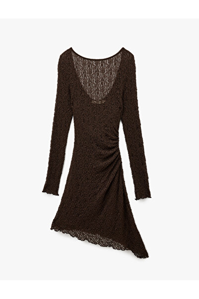 Koton Slim Fit Draped Long Sleeve Deep U Neck Asymmetrical Cut Lace Dress