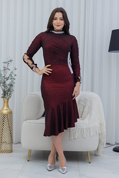 TREN Burgundy Mermaid Midi Dress with Lace-Up Sleeves & Silver Embellished High Neck for Evening Parties