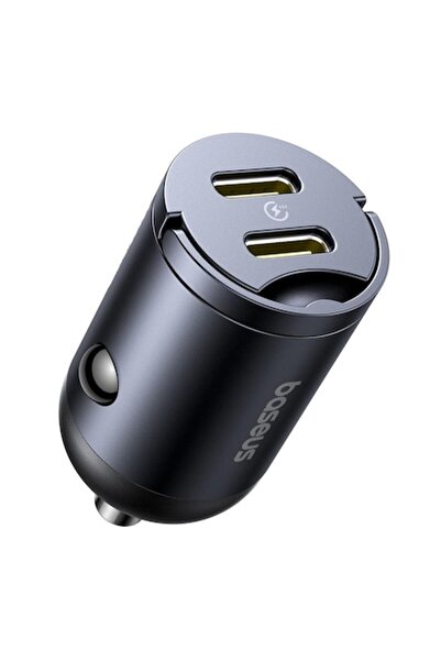 Baseus Tiny Star Mini Car Charger, 2x Type-C, 30W, Retractable Handle, Black, 12V-24V