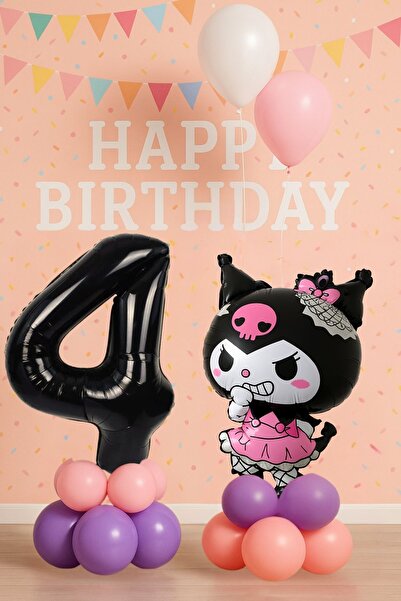 PARTİAVM Kuromi 4 Yaş Doğum Günü Balon Seti Sanrio Karakter Siyah Rakam Pembe...