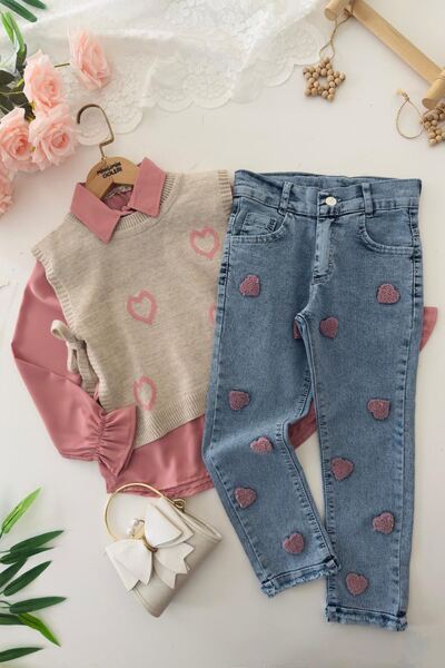 Minigimin Cicileri My Little One's 3-Piece Set with Heart Punchwork Detail Sweater - Dusty Rose
