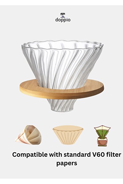 DOPPİO Glass Pour-Over Coffee Dripper with Wooden Base – V60 Compatible Ribbed Design