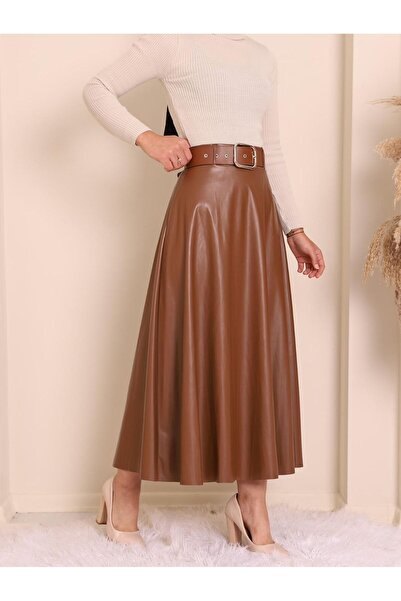 Brielle High Waisted A-Line Belted Faux Leather Long Skirt