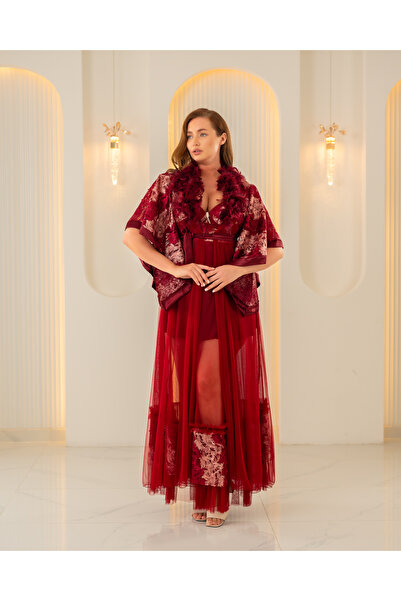 Lama Lingerie رداء نسائي طويل من التول والدانتيل