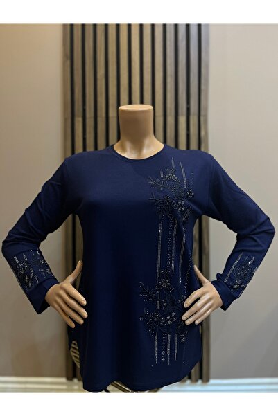 AKMAVİ Kadın Orta Yaş Ve Üzeri İşlemeli Taşlı Lacivert Anne Penye Bluz