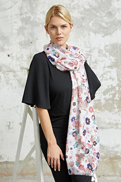 AFVENTE Flower Pattern White Cotton Shawl