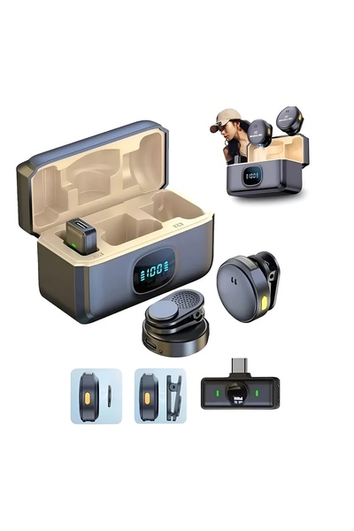 Generic Wireless lavalier microphone compatible with Type-C devices, featuring noise reduction, with charging case - Black