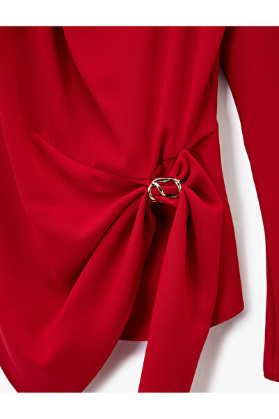 Koton Long Sleeve Degaje Collar Metal Accessory Gathered Asymmetrical Blouse